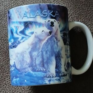 Polar Bear Mug with Blue and White Design Aurora Borealis Alaska Souvenir